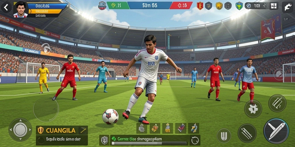 Screenshot gameplay CUANGILA menampilkan pertandingan sepak bola yang seru.