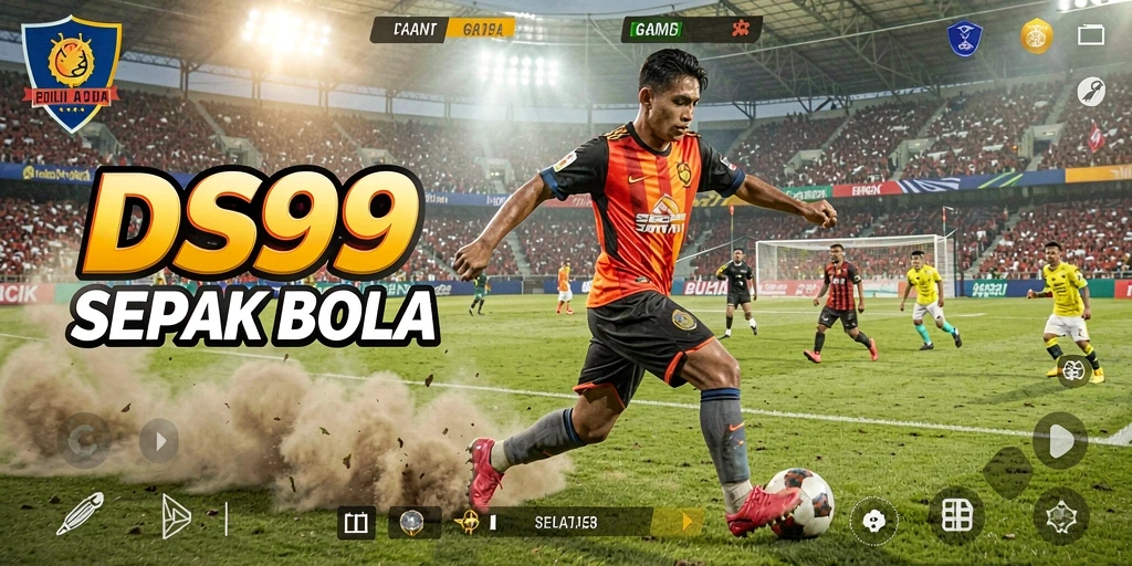 Tampilan gameplay DS99 dengan aksi sepak bola yang intens.
