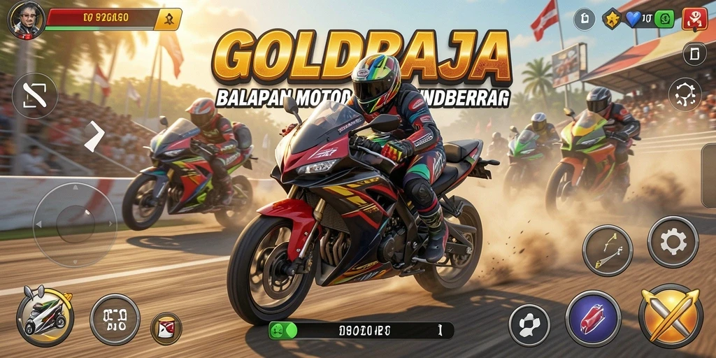 Tangkapan layar gameplay <strong>GOLDRAJA</strong> menunjukkan balapan seru di trek yang menantang.