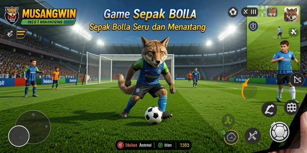 Tangkapan layar utama menampilkan aksi permainan sepak bola yang mendebarkan.