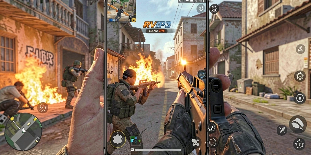 Screenshot RVIP3 menampilkan pertarungan seru dalam permainan TPS.